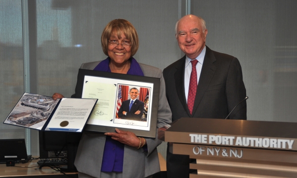 Today Liz Branch was recognized formally by Chairman John Degnan and the entire Port Authority Board of Commissioners at the first meeting of the Board in its new home at 4 World Trade Center.  