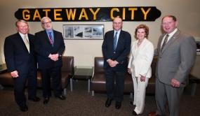 Left to right: Rick Larrabee, departing Director of Port Commerce; Patrick Foye, Executive Director of the Port Authority; Charles Cushing, who served as 3rd mate on the Gateway City while a student at MIT; Lillian Borrone, former Director of Port Commerce; and Jim Devine, former CEO of Global and New York Container Terminal, who donated the name plate to the Port Authority